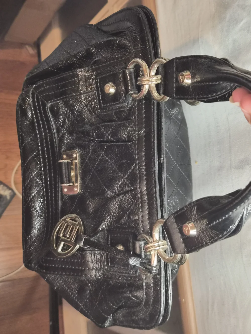 Elliott Lucca Black Patent Leather Satchel Shoulder Bag Gold Hardware EUC